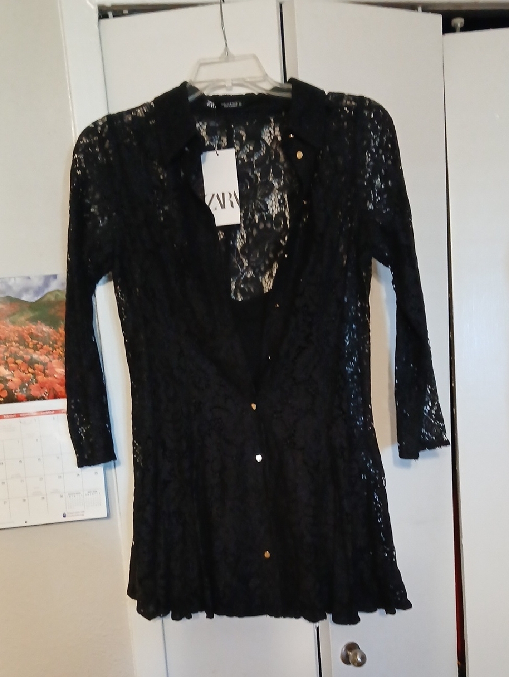 Zara Black Lace Button-Down Tunic Shirt